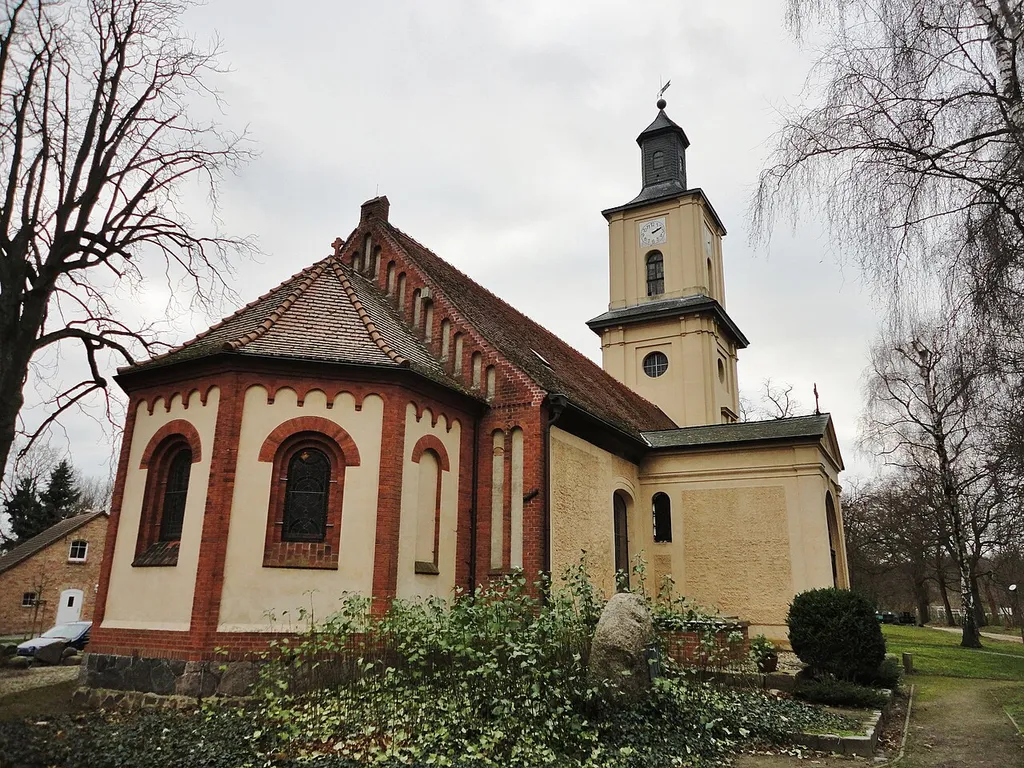 East-north-eastern view of church in Wustrau, Fehrbellin municipality, Ostprignitz-Ruppin district, Brandenburg state, Germany.