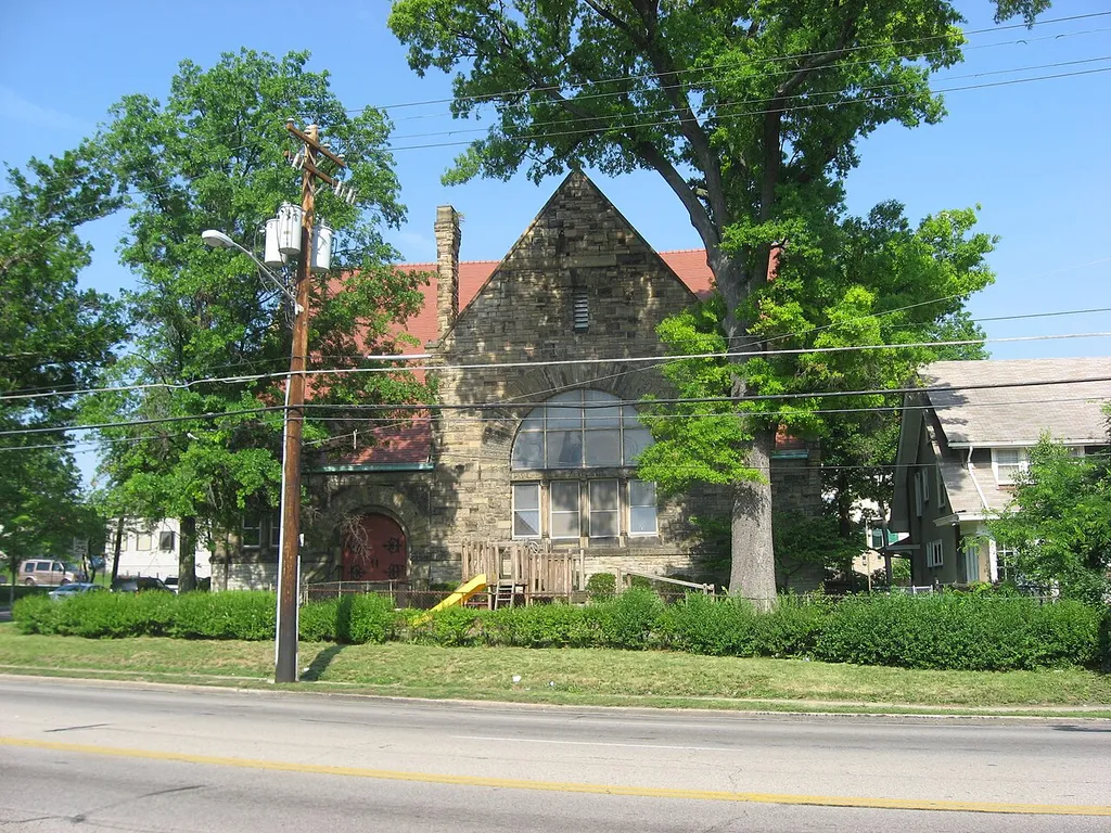 The First Congregational-Unitarian Church, located at 2901 Reading Road in Cincinnati, Ohio, United States. Built in 1889, the Richardsonian Romanesque church is listed on the National Register of Historic Places.