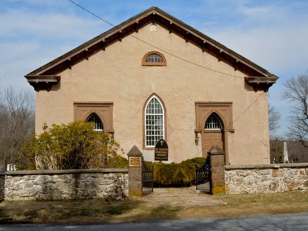St. Mary's Episcopal Church (aka Old St. Mary's - the new church is about 0.5 miles away) on the NRHP since February 16, 1996. On Warwick Road near Elverson, in Warwick Township, Chester County, Pennsylvania. Founded 1806, this church build 1848 (?). It had a cupola with a bell but that was removed. 2 separate doors in the front is odd and looks quite Quaker, as does the general outline of the church (but not the decoration).