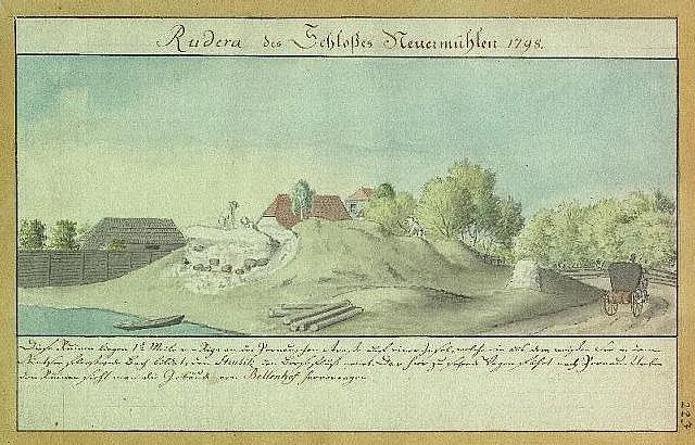 Scan from Johann Christoph Brotze's book Sammlung verschiedner Liefländischer Monumente. Rudera des Schloßes Neuermühlen 1798 [die Ansicht].