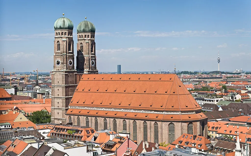 Frauenkirche (Church of Our Blessed Lady) in Munich, Germany, as viewed from the tower of Peter's Church. Taken by myself with a Canon 5D and 24-105mm f/4L IS lens.
