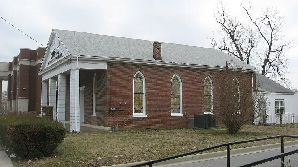 Western side and front of the Cecelia Memorial Presbyterian Church, located at 716 College Street in Bowling Green, Kentucky, United States. Built in 1845, it is listed on the National Register of Historic Places.