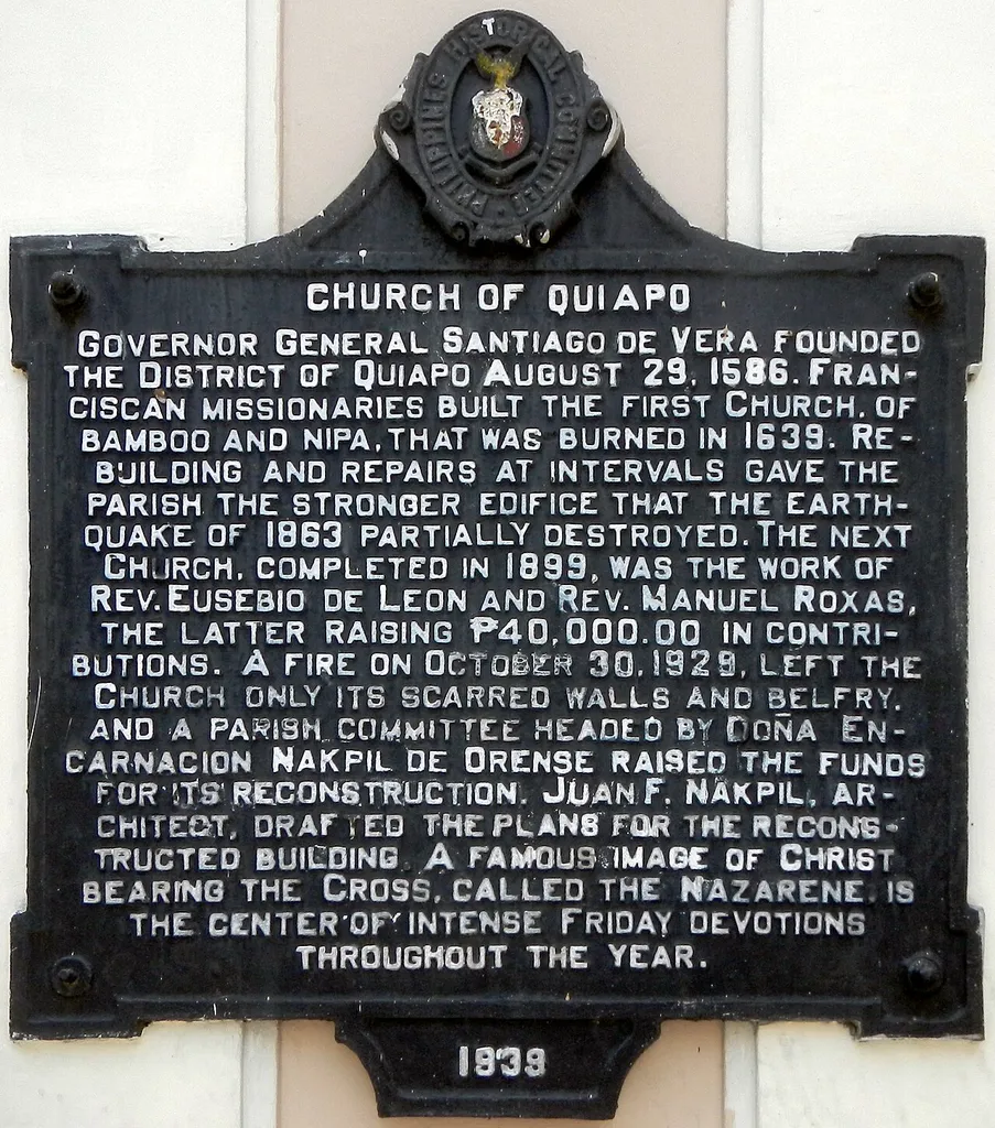 Historical marker created by the Philippines Historical Committee in 1939 to commemorate Quiapo Church