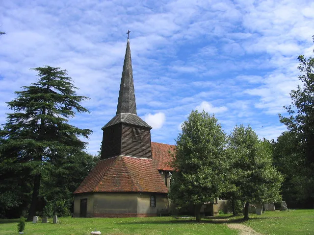 St Thomas the Apostle Church, Navestock Heath, Essex. This church dates back to 1181 when it was appropriated by St. Paul's Cathedral who owned the manor of Navestock. The timber-framed belfry dates to 15th century and said to be the oldest in Essex.