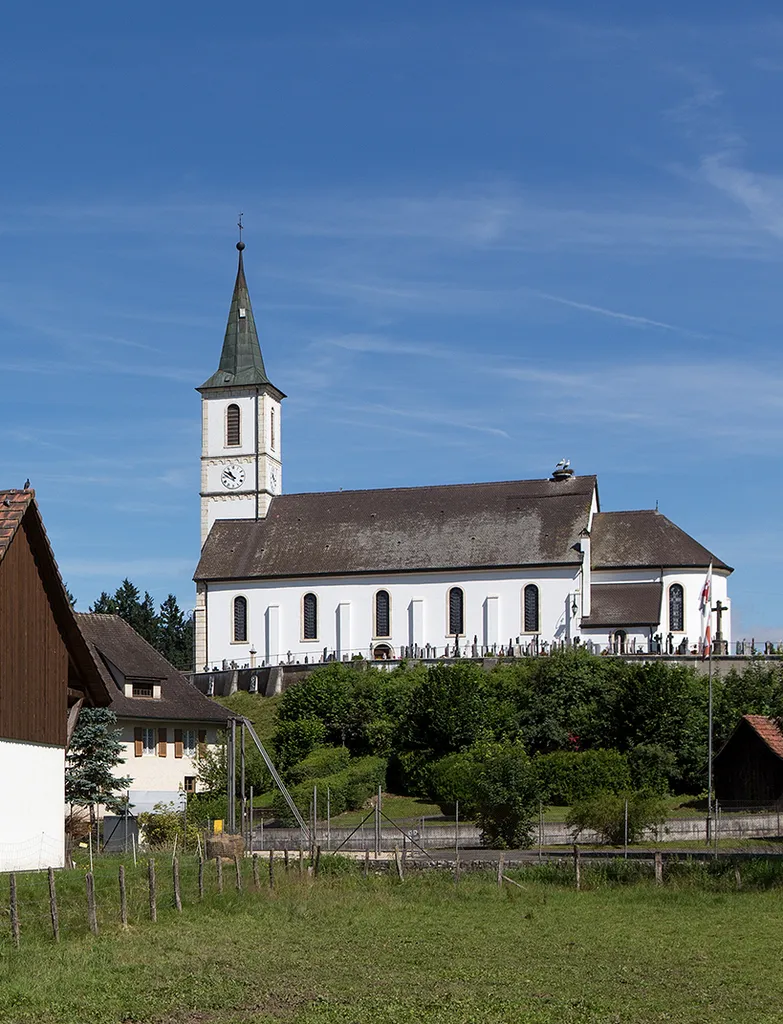 Kirche Saint Ferréol-et-Ferjeux in Dampfhreux (JU) Es sind zwei Störche auf dem Dachhorst zu sehen.