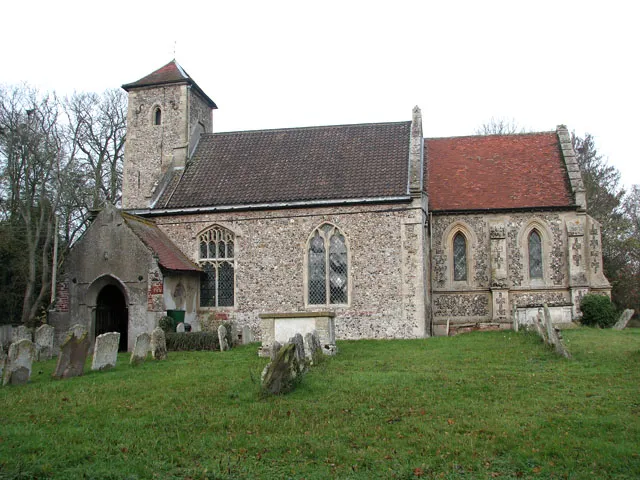 View of the exterior of St Andrew's Church, Fersfield, Norfolk, England, of which Rev. Francis Blomefield was the rector. Blomefield was born and died in Fersfield.