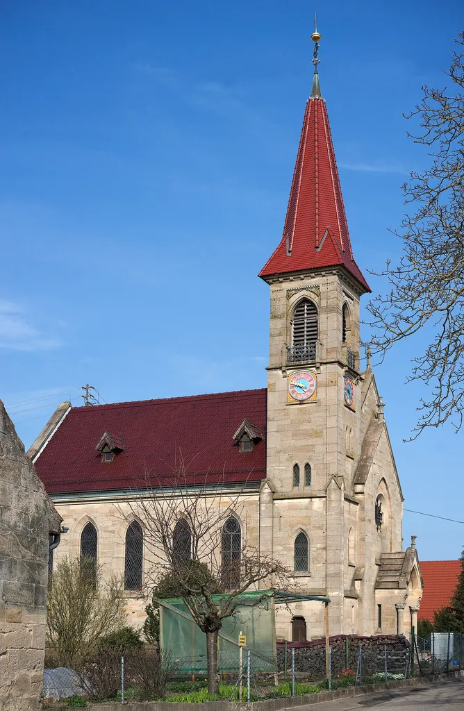 View of the protestant church in Prevorst (a suburb of Oberstenfeld, Germany), built in 1905, from westsouthwest.