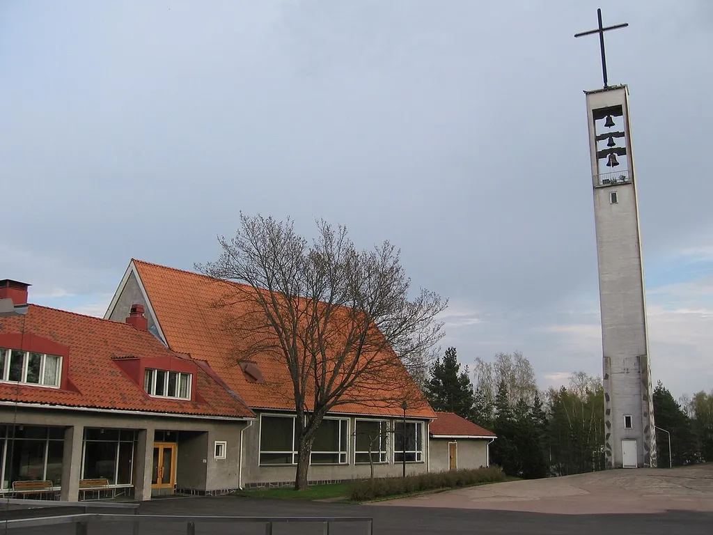 Langinkoski Church and belfry in Kotka, Finland. Completed in 1953 and designed by Anders-Olof Bengts.