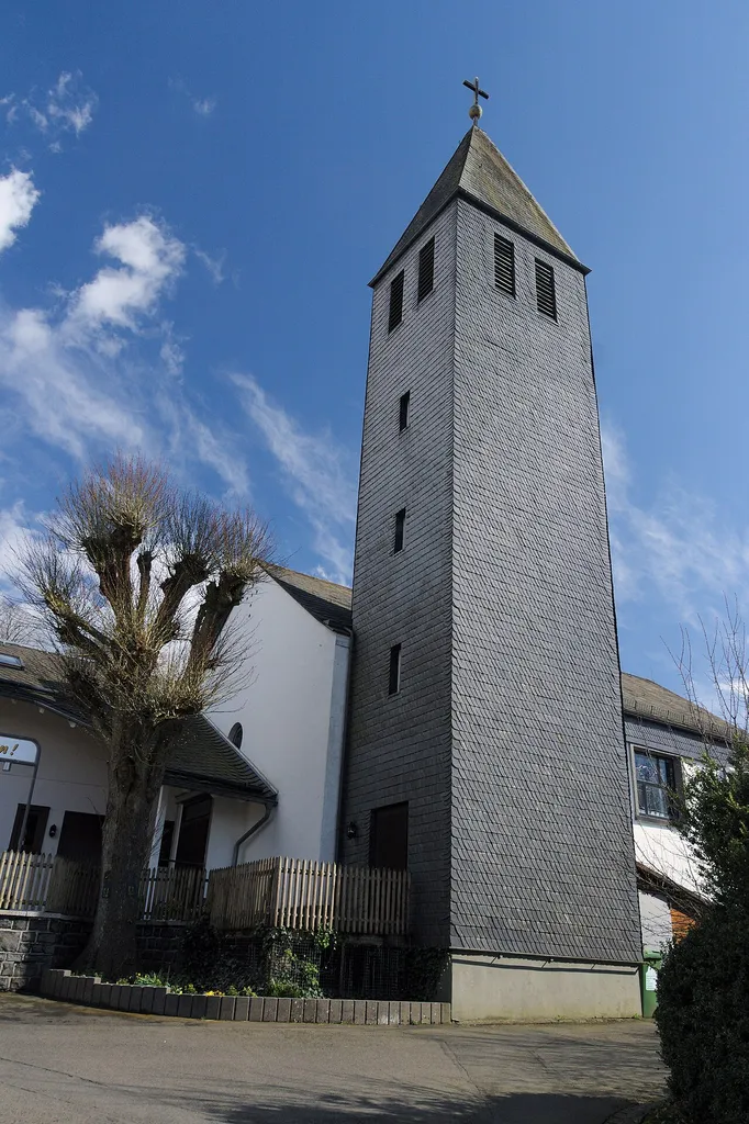 Church tower in Unnau, Westerwald, Germany