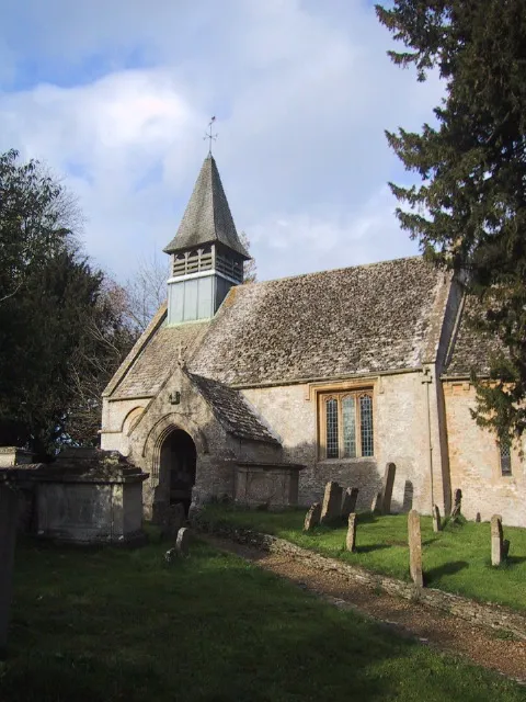 Church of England parish church of St Mary, Westwell, Oxfordshire: nave, south porch and 1869 bell turret, viewed from the southeast