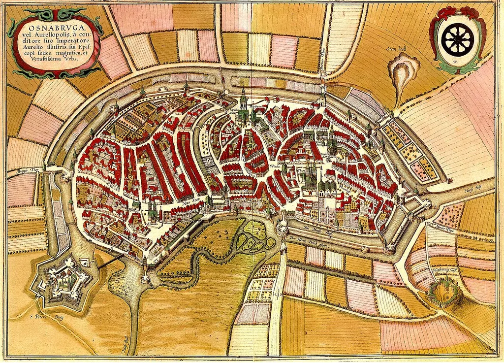A south-up plan of Osnabrück by Wenceslaus Hollar, commissioned by Bishop Caspar Münster in 1633. The text in the cartouche reads "Osnabrück, a magnificent and very ancient city, is (along with Aureliopolis, which is famed on account of its founder, the Emperor Aurelius) his [Münster's] episcopal see."