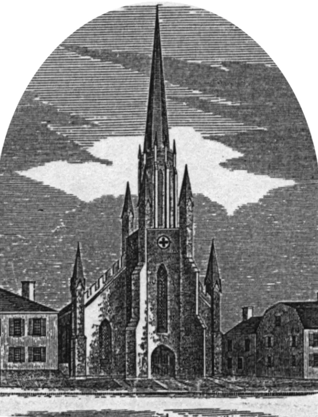 St. John's Episcopal Church, Hartford, Connecticut. It is the scan of an engraving from a city directory published in 1896 and shows the church as first built. The Google Books "full text" source is provided below.