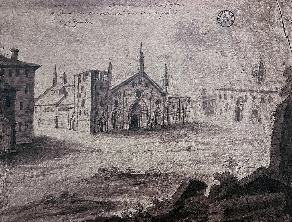 Il disegno, della metà del XVIII secolo, contestualizza la cattedrale nella piazza maggiore. La facciata e la torre campanaria/civica sono in primo piano. Interessante, sulla destra, il Palatium Novum del Comune del XIII secolo, sostituito, alla fine del XVIII secolo, dal nuovo palazzo Municipale.