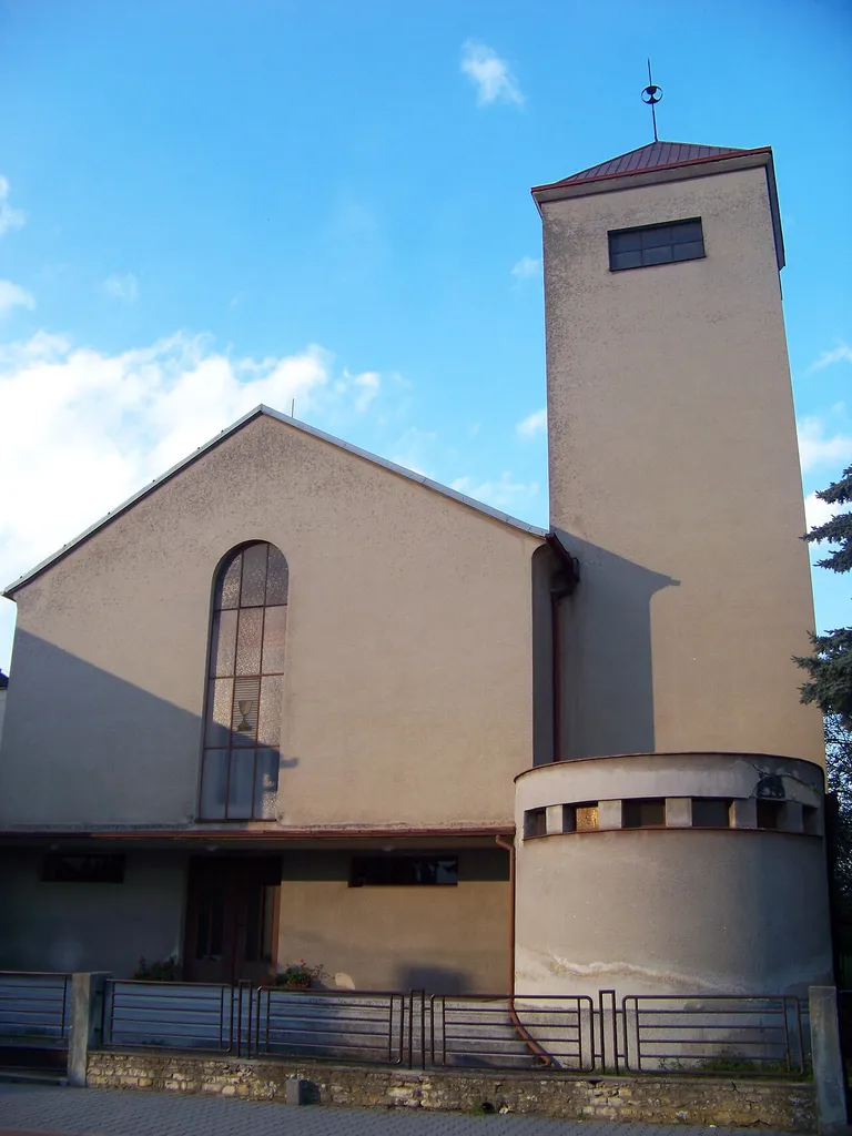 Mšeno, Mělník District, Central Bohemian Region, the Czech Republic. Boleslavská street, a church of Evangelic Church of Czech Brethern.
