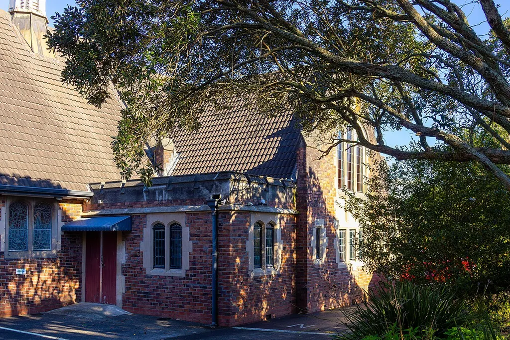 A corner view of St Columba Church in Grey Lynn, Auckland.