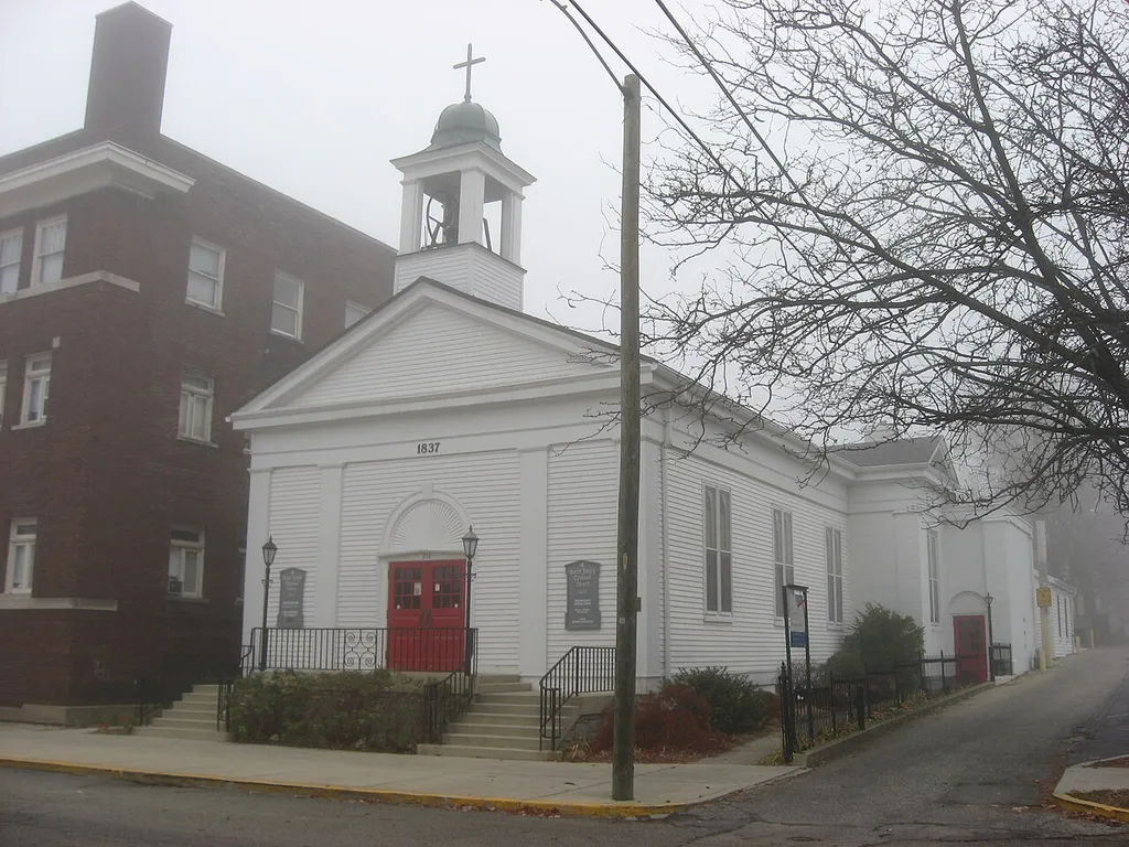 Front and southern side of Saint John's Episcopal Church, located at 212 S. Green Street in Crawfordsville, Indiana, United States. Built in 1837, it is listed on the National Register of Historic Places.