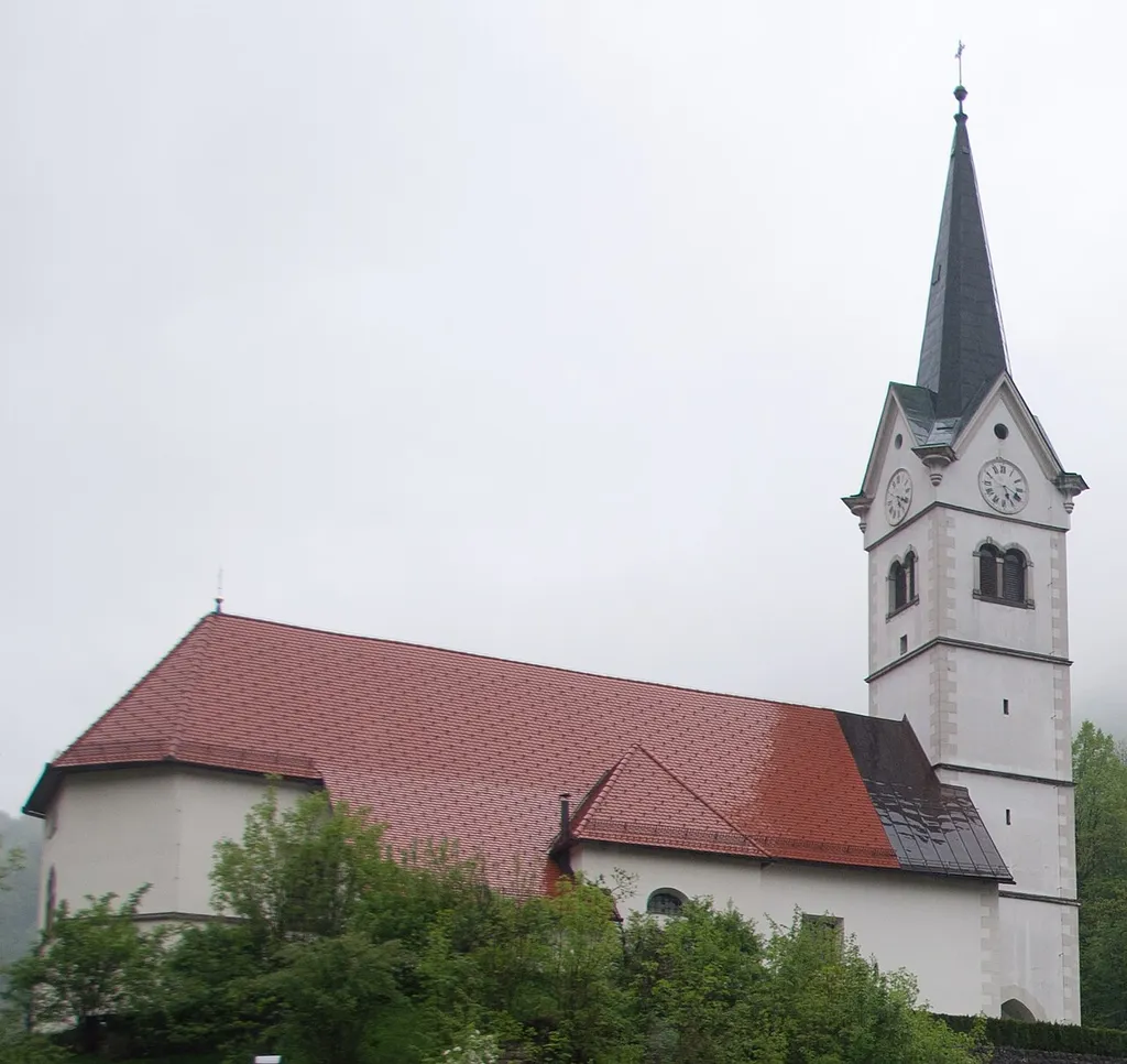 Church of Mary on the Rock from across the Idrijca River