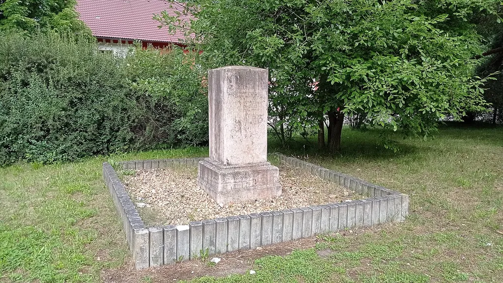 Memorial remembering the beginning of the construction of the railway line Vienna – České Budějovice – Pilsen – Cheb situated at the railway station Hluboká nad Vltavou, in the cadastre of the village of Bavorovice, South Bohemian Region, Czechia