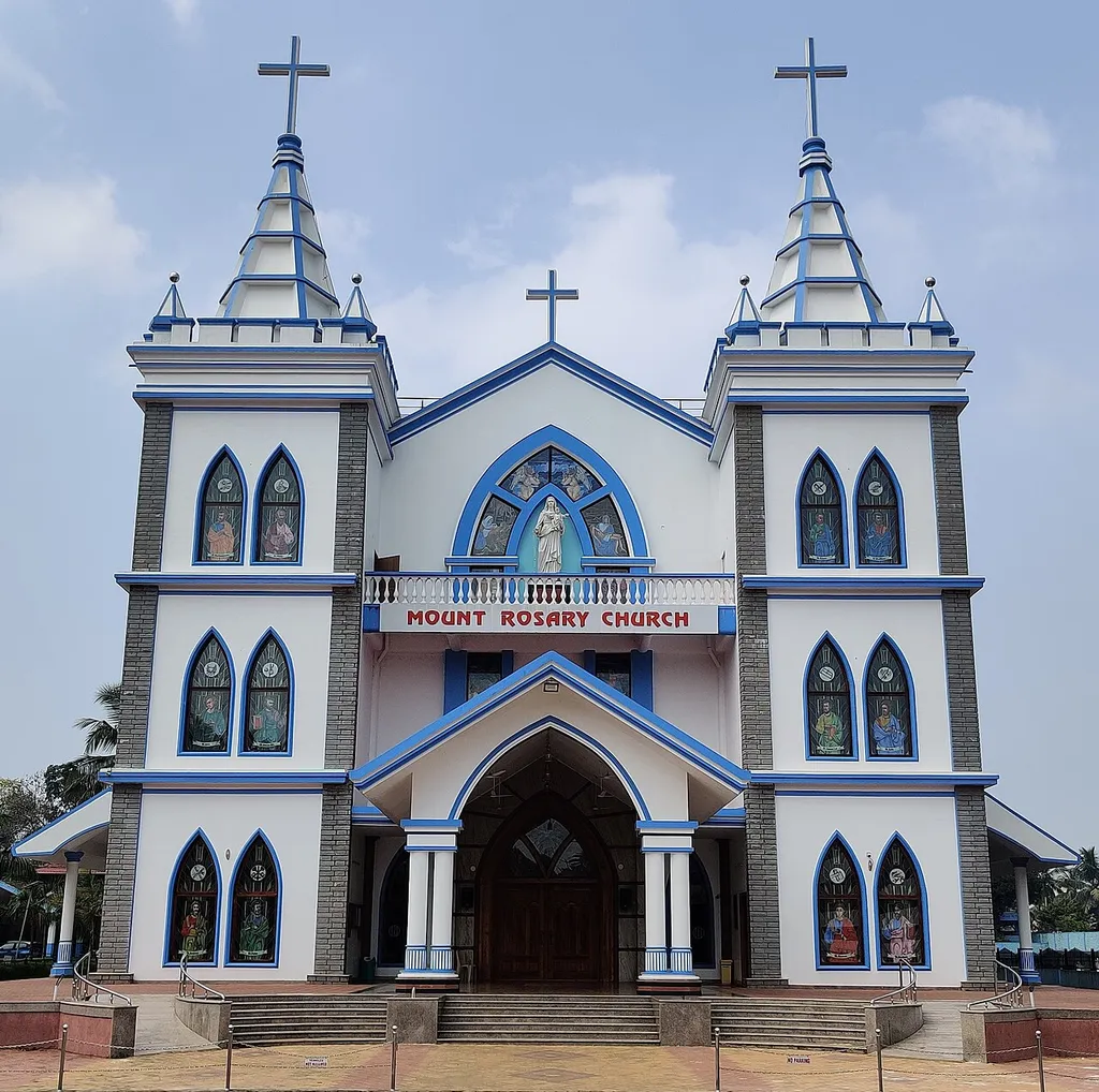 Front view of the Mount Rosary Church in Santhekatte, Udupi taluka, Udupi district, Karnataka, India.