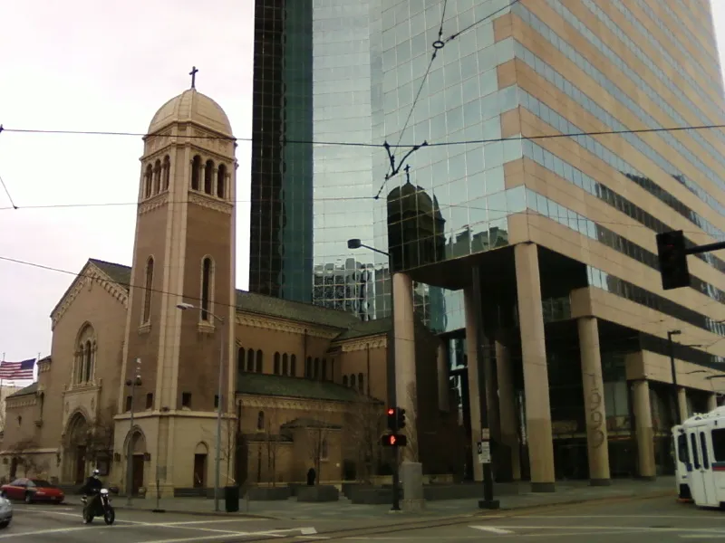 Holy Ghost Catholic Church and 1999 Broadway as seen from 19th St and California St.