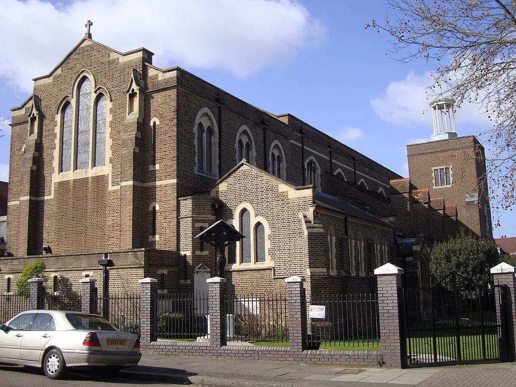 Greek Orthodox Cathedral of the Holy Cross and St Michael, London NW11, seen from the east. The road in the foreground is The Riding.