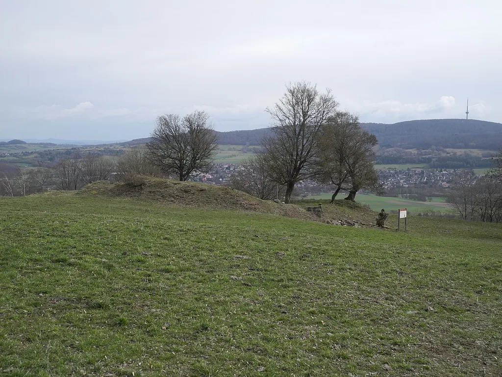 Naturschutzgebiet im Regierungsbezirk Kassel 1633016. „Burghasunger Berg“, Basaltkuppe mit Felsklippen, Gehölzen und Wald und einem gehölzfreien Gipfelplateau direkt am westlichen Ortsrand von Burghasungen, südlich von Zierenberg, im Landkreis Kassel. Gipfelplateau mit Fundamentresten der Klosterruine Burghasungen.