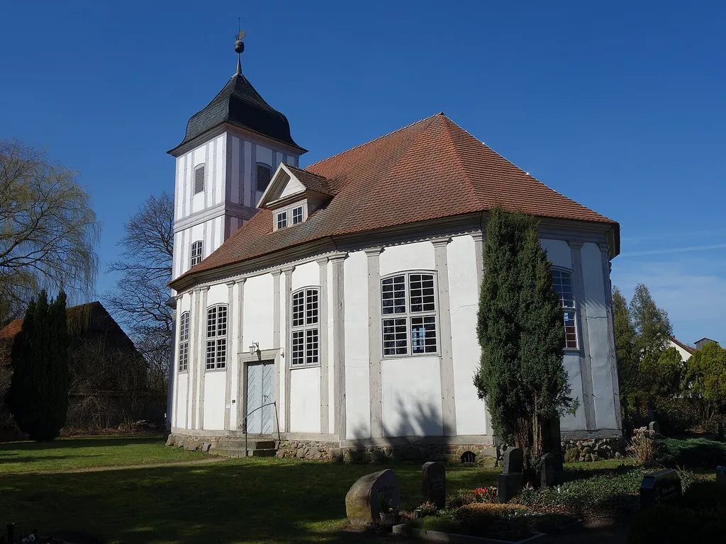 South-eastern view of the church in Plänitz, Neustadt (Dosse) municipality, Ostprignitz-Ruppin district, Brandenburg state, Germany.