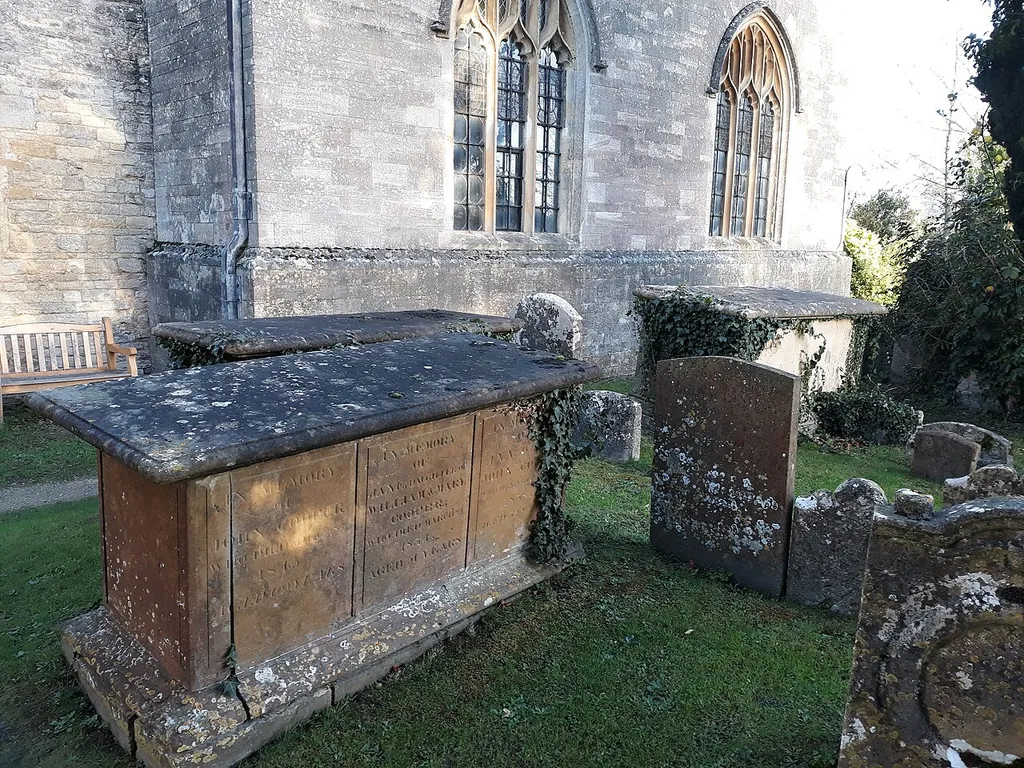 St. Bartholomew's Church, Tarnton, Oxfordshire, England. Group of three limestone chest tombs, late C17 and late C18. Grae II listed.