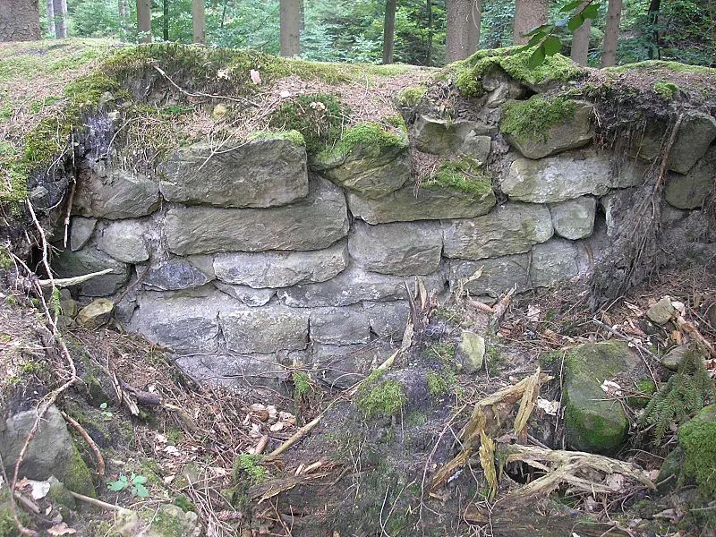 Frühmittelalterlicher Ringwall Alte Burg (Altenstein), Landkreis Haßberge, Unterfranken. Freigelegtes Trockenmauerwerk, Innenseite / Alte Burg ("Old castle", early middle age) near Altenstein, Lower Franconia, Germany. Part of the walls from inside. Eigene Aufnahme, Aug 2006 / Own photo, Aug. 2006