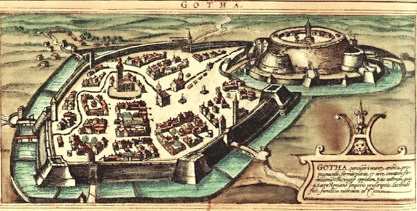 Holzschnitt aus dem Jahr 1572 von der Stadt Gotha