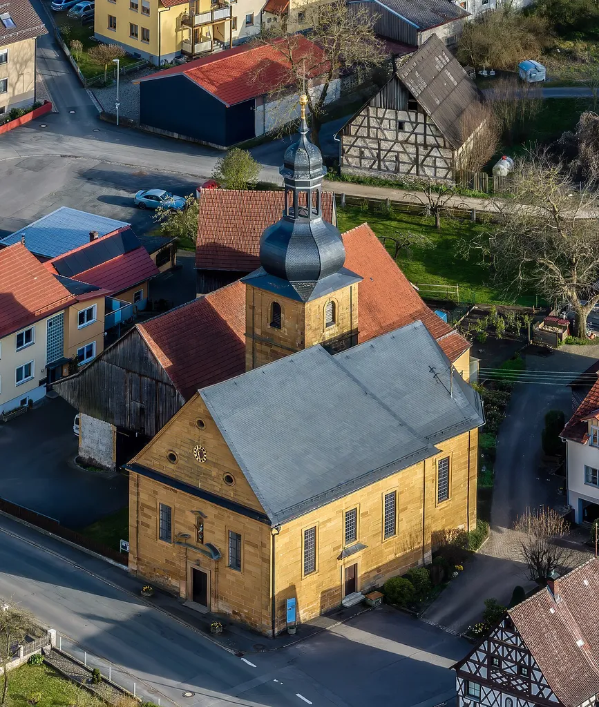 Catholic parish church of St Andreas Würgau , aerial view.