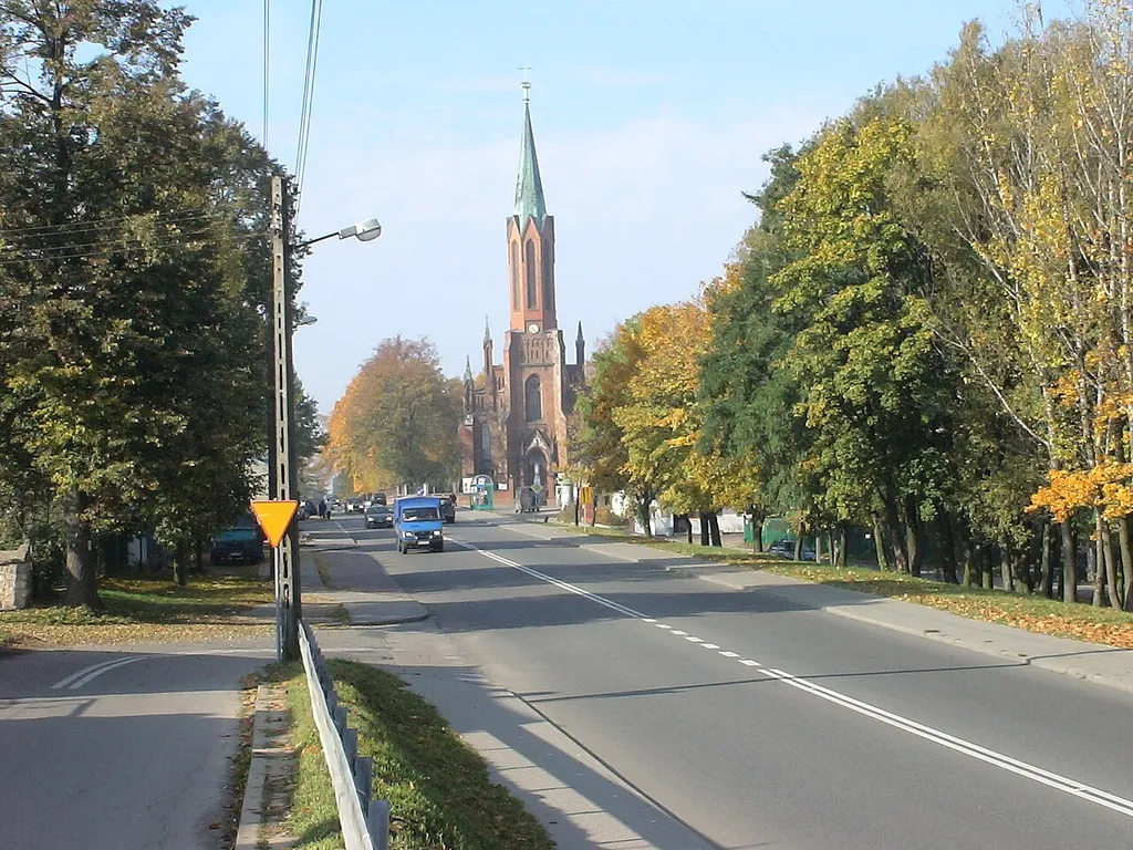 Rędziny - a village in Częstochowa County, Silesian Voivodeship, Poland (situated near Częstochowa). Wolności Street and a parish Roman Catholic church