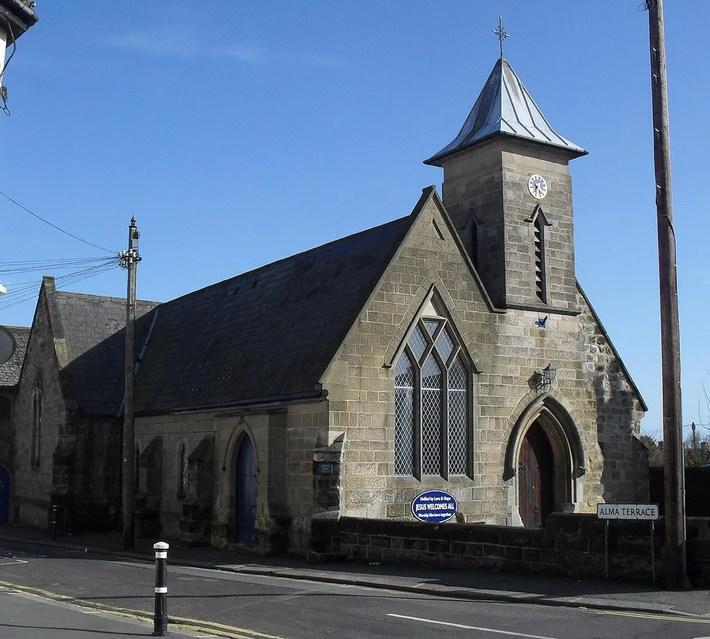 St Luke's United Reformed Church, Sedlescombe Road North, Silverhill, Hastings, East Sussex, England. Built in 1857 by Henry Carpenter as one of the first Presbyterian churches in southeast England. This view is from the northwest, showing the church hall (1909) behind the body of the church.