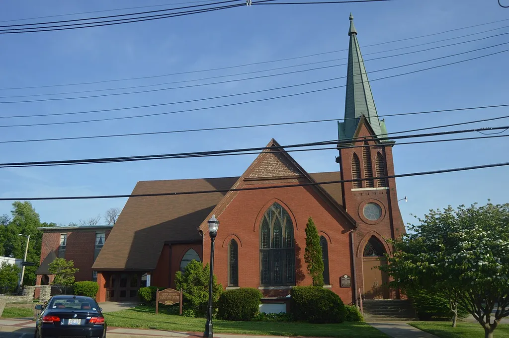 Front of the former Middletown United Methodist Church, located at the junction of Madison Avenue and Main Street in Middletown, Kentucky, United States. Built in 1899, it is listed on the National Register of Historic Places.