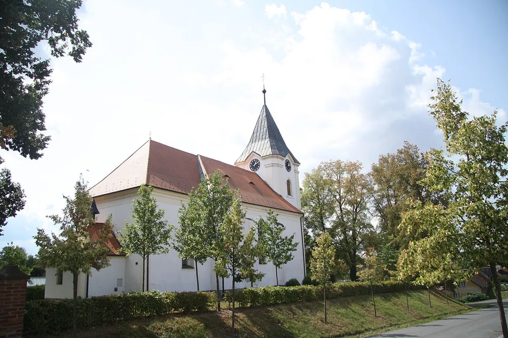 Overview of church of Saint John of Nepomuk in Senožaty, Pelhřimov District.
