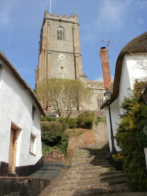View up Church Steps, Minehead, Somerset, to the 15th-century west tower of St Michael's parish church. 1766926