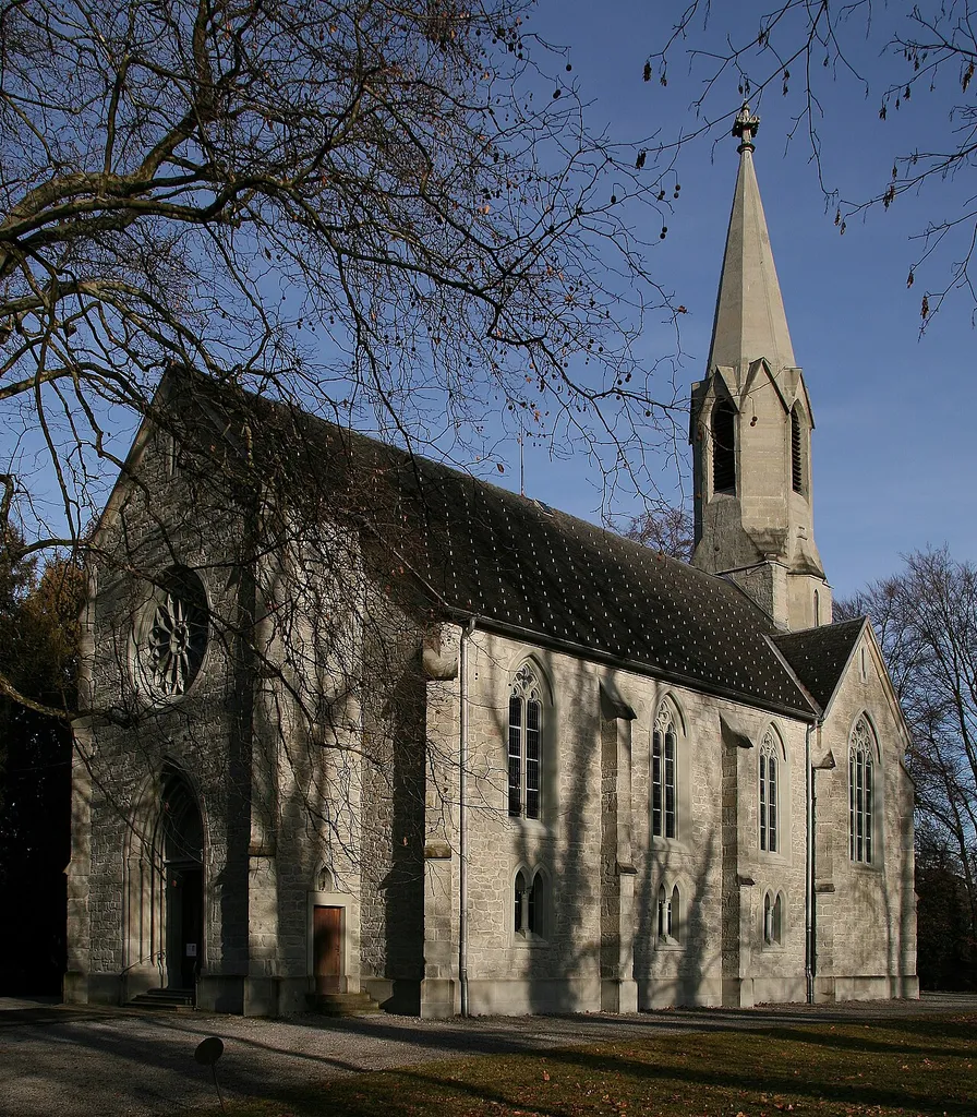 Evangelische Kirche Hl. Kreuz auf dem Ölrain in der Cosmus-Jenny-Strasse in Bregenz; erbaut in den Jahren 1862-1864 nach Plan von Carl Leins im Neogotischen Stil. Rieger Orgel 1981