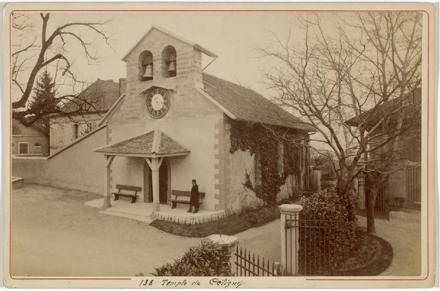 The temple of Céligny, an exclave of the Swiss canton of Geneva in the Canton of Vaud. The protestant church was constructed around 1800 in a place where a church was first erected at the end of the first millenium on the ruins of a Roman villa.