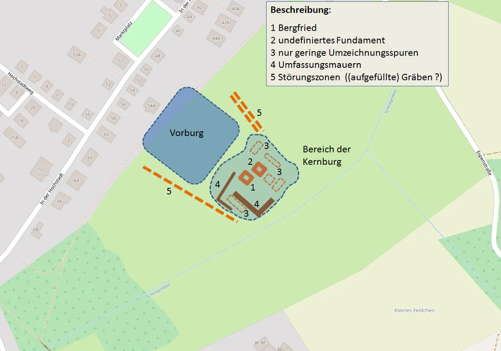 Lage der "Burg Neu-Wolfskehlen" nach den Ergebnissen der durch den Verein Terraplana 2014 und 2017 durchgeführten geophysikalischen Untersuchungen. Siehe dazu / Nach: Ergebnisse der archäologisch - geophysikalischen Prospektion der Niederungsburg "Neu - Wolfskehlen", Webseite von: terraplana - Gesellschaft für Archäologie im Hessischen Ried e.V., Archäologie und Kulturgeschichte der hessischen Rheinebene