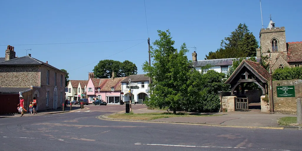 Fulbourn High Street and St Vigor's All Saints church in July 2013.