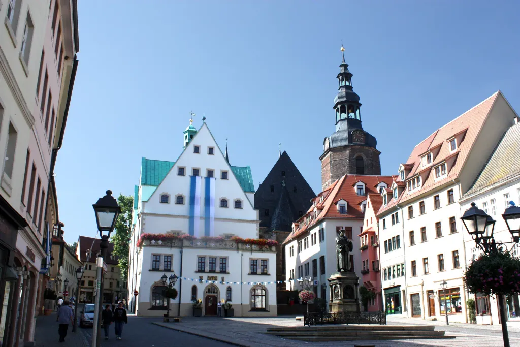 Lutherstadt Eisleben, town square with the town hall, the Luther memorial and the St.Andreas church