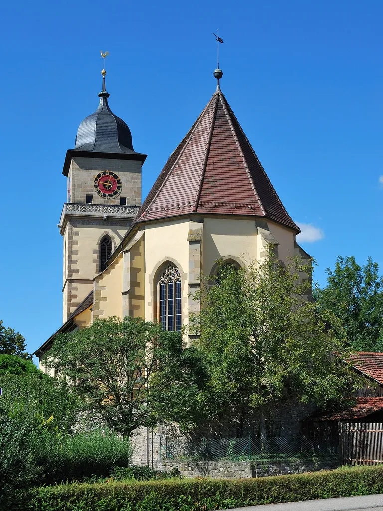 Evangelical parish church St. Georg in Schwieberdingen in the federal state Baden-Württemberg in Germany. View from the east.
