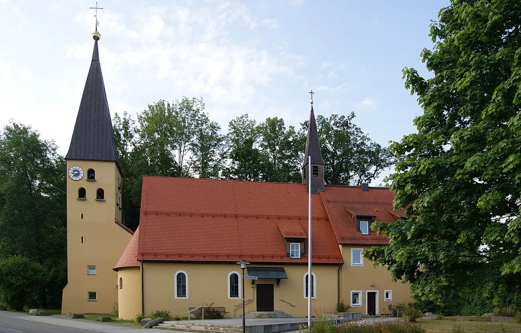 City Roding in the administrative district of Cham in Bavaria. Evangelical Church of Roding near the Martin-Luther-Place.
