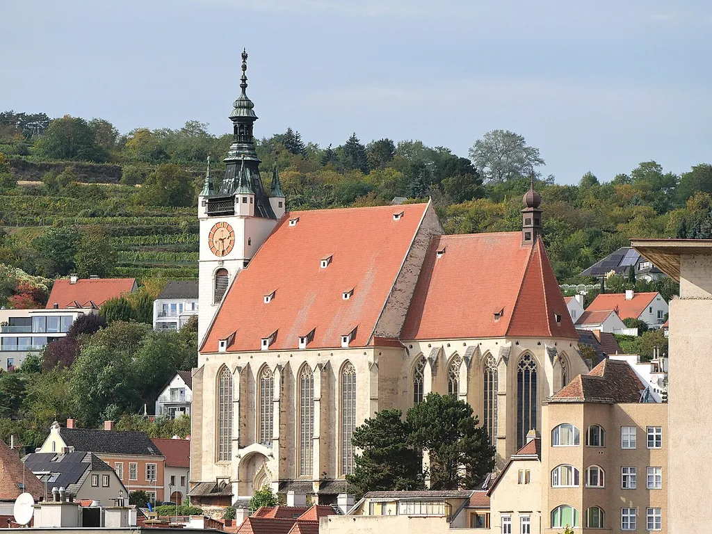 Piarist church at Krems an der Donau, view from the parking deck at the main railway station