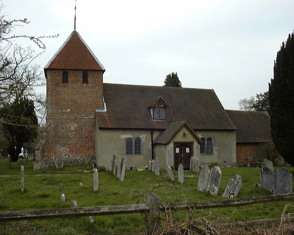 St. Peter's church, Tadley, England. The picture was taken at approximately 13:00 UTC on an overcast day, using a Toshiba PDR-M1 digital camera in Auto mode.