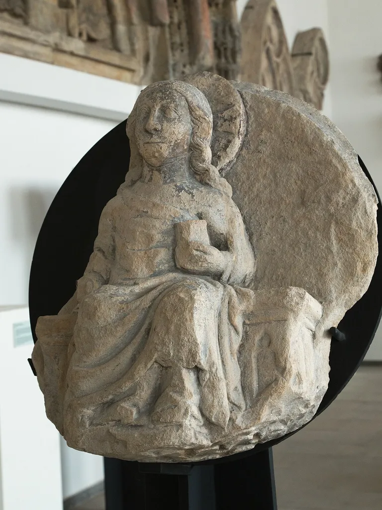 The cover plate of the vault with relief of the Christ Judge (Beau Dieu type) from the demolished church of St. Valentin in the Old Town of Prague. The last third of the 13th century. Sandstone. Lapidarium of the National Museum in Prague, cat. no. 92.