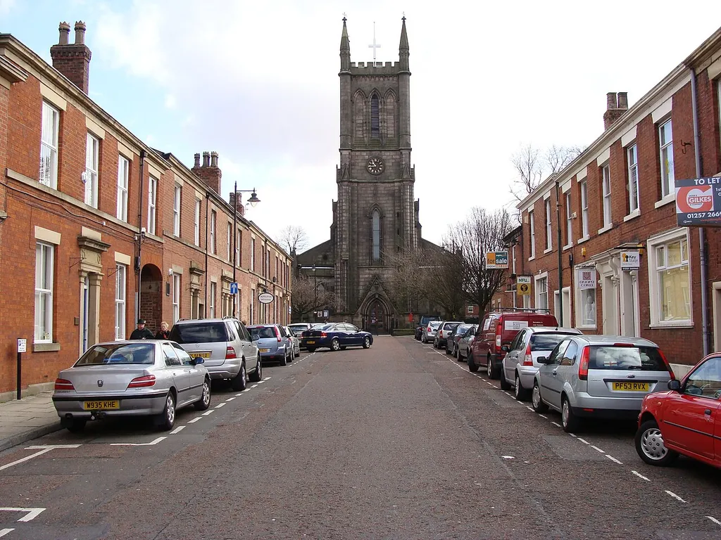 View east along St George's Street, Chorley, Lancashire, to St George's parish church