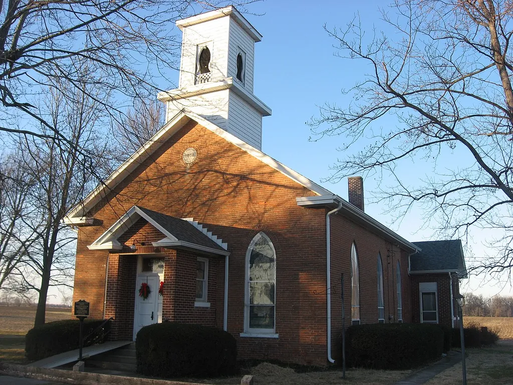 Front and eastern side of the former Richwood Evangelical Lutheran Church, located at 9700 W700S at Cross Roads in Salem Township, Delaware County, Indiana, United States. Built in 1868, it is listed on the National Register of Historic Places.