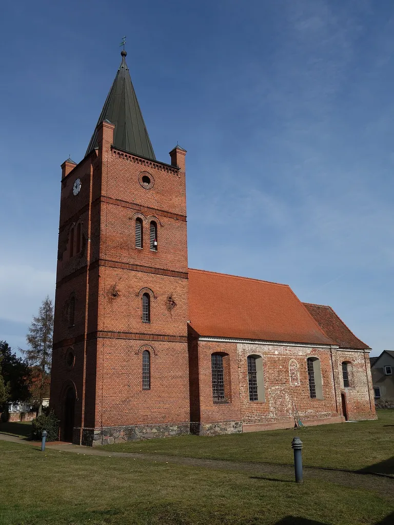 South-western view of village church in Zollchow, Milower Land municipality, Havelland district, Brandenburg state, Germany.