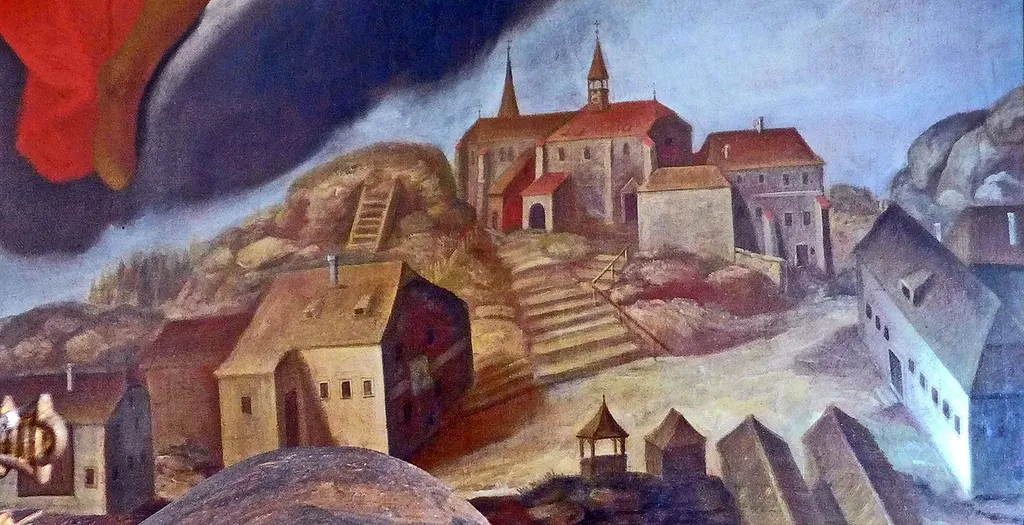 Sankt Thomas am Blasenstein im Jahr 1742. Ansicht von Norden. Ortsplatz. Detail des Altarbildes im südlichen Kirchenchor. Das Bild wurde 1742 von Propst Josephus von Waldhausen mit dem Beinamen Ernest Naegele >dem Hl. Florian, der Macht über das Feuer hat< gewidmet. Hinten v.l.n.r.: Oberer Burgstallfelsen. Auf ihn führt eine Holzstiege. Dann kommt die Wallfahrts- und Pfarrkirche. Sie hat einen Dachreiter mit Uhr. Angebaut an die Kirchenwand sieht man die rötliche Überdachung des alten Schlossbrunnens. Daneben ist der Kircheneingang auch rötlich überdacht. Dann weiter kommt der grosse alte Pfarrhof. Daneben der sehr kleine Pfarrerburgstallfelsen. Und ganz rechts sieht man ein Stück des unteren Burgstallfelsens. Im Vordergrund sind die Häuser Markt N° 10 und gegenüber Markt N° 9 (moderne Adressen) zu sehen. Literatur: (1.) Kirchenführer. Kunstverlag Hofstetter, Ried im Innkreis, 1997. Text von Herbert Hiesmayr. (2.) Link https://www.st-thomas.at/tourismus-freizeit/kulturorte-sehenswuerdigkeiten-naturdenkmaeler/#UnterirdischerGang (mit Foto unterirdischer Gang zum Schlossbrunnen).